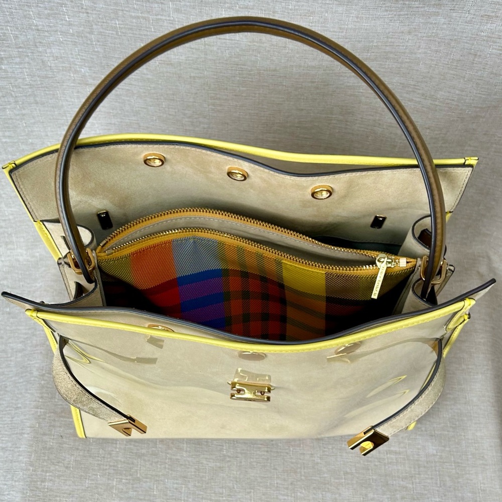 Tory Burch Large Lee Radziwill Beige and Yellow Patent Raincoat Satchel - Picture 2 of 16